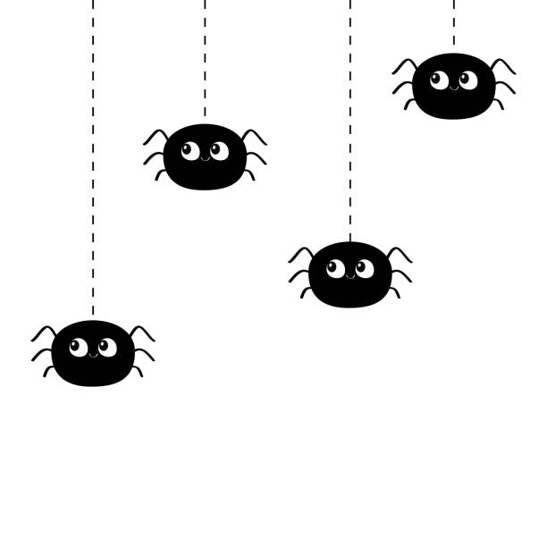 Four hanging black spiders on dash line web. Happy Halloween. Spider set. Cute cartoon baby character set. Flat material design. White background. Isolated. Four hanging black spiders on dash line web. Happy Halloween. Spider set. Cute cartoon baby character set. Flat material design. White background. Isolated. Vector illustration cute spider stock illustrations