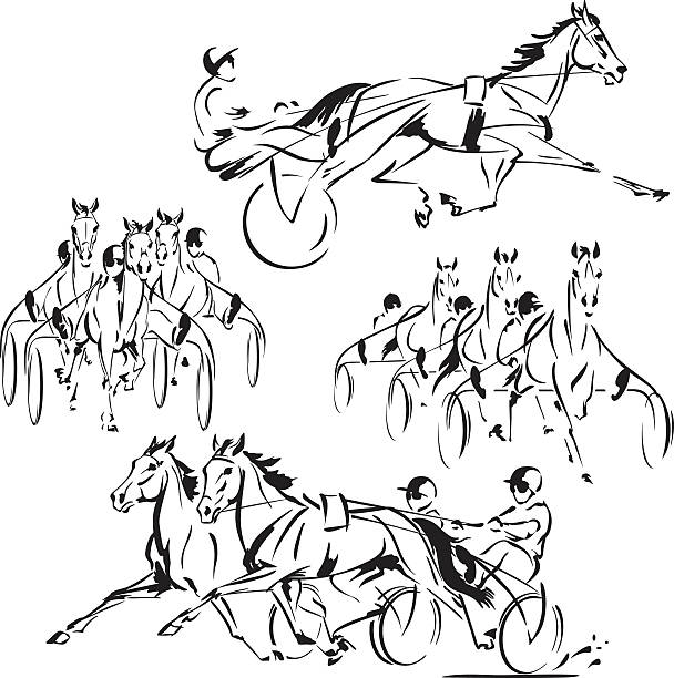 Four harness-racing themes Brush drawing-based vector illustrations showing harness racing scenes animal harness stock illustrations