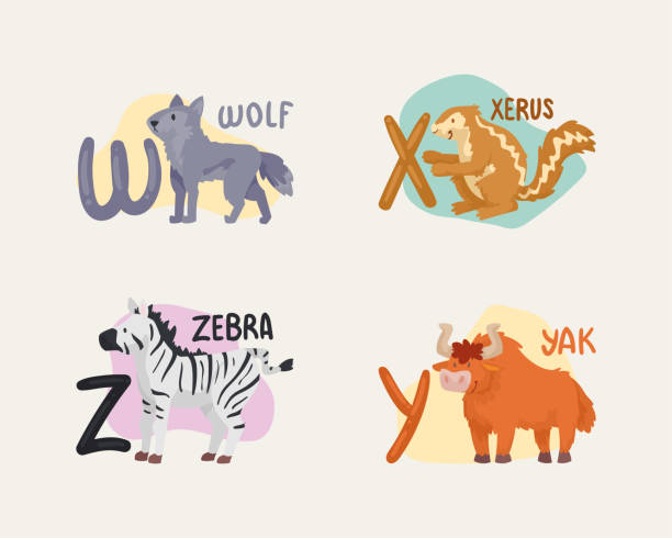 four kids alphabet animals vector art illustration
