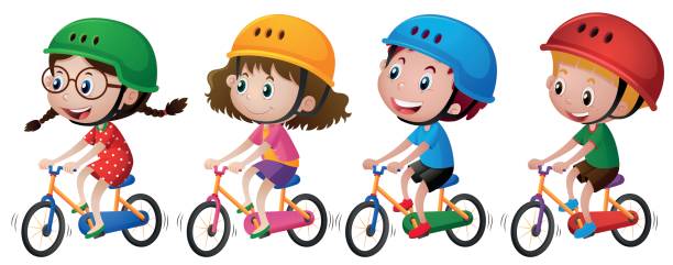 Four kids riding bike with helmet on Four kids riding bike with helmet on illustration cycling clipart stock illustrations