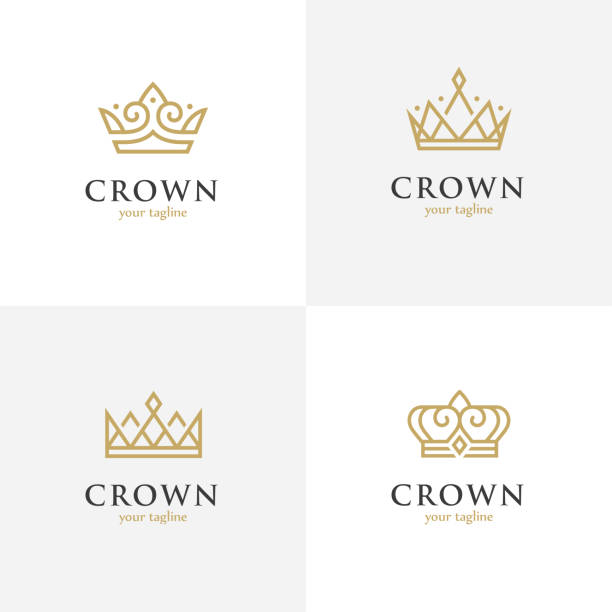 Four linear crown icons. Set of four crown line icons. Royalty, luxury abstract geometric symbol. crown headwear stock illustrations