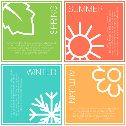 DIfferent colours four nature seasons icon isolated on white. Square bright elements with leaf, sun, flower and snowflake signs