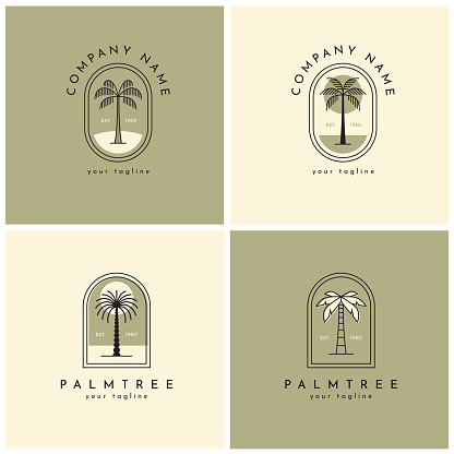 Four palm tree logo, emblem set. Tropical nature, paradise symbol.