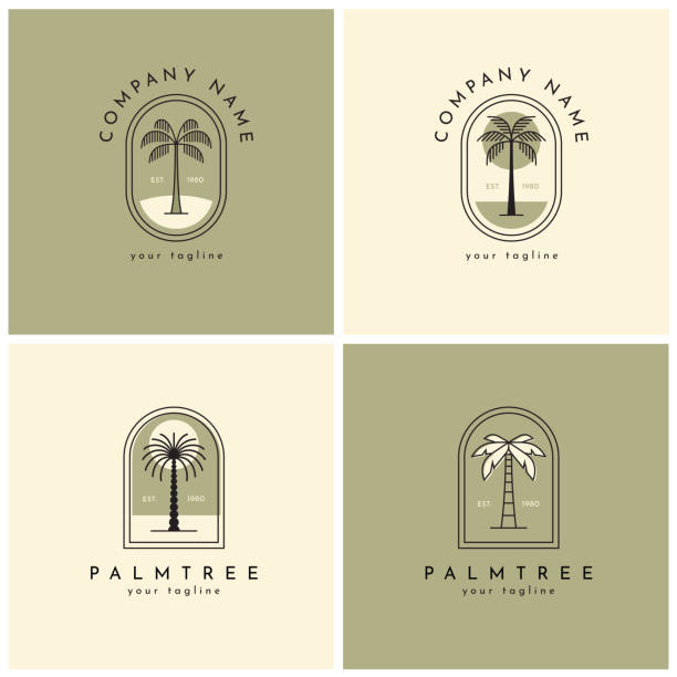 ilustraciones, imágenes clip art, dibujos animados e iconos de stock de logotipo de cuatro palmeras, emblema establecido uno - palm trees