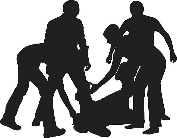 Four people beating up a fifth person vector art illustration