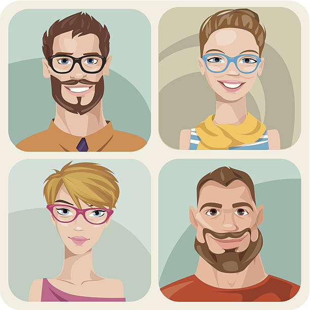 Four portraits of hipsters. Male and female. Vector set of four portraits of hipster girls and men. short hair stock illustrations