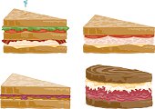 A club sandwich, tuna melt, peanut butter and jelly, and a reuben on rye bread. No gradients were used when creating this illustration.