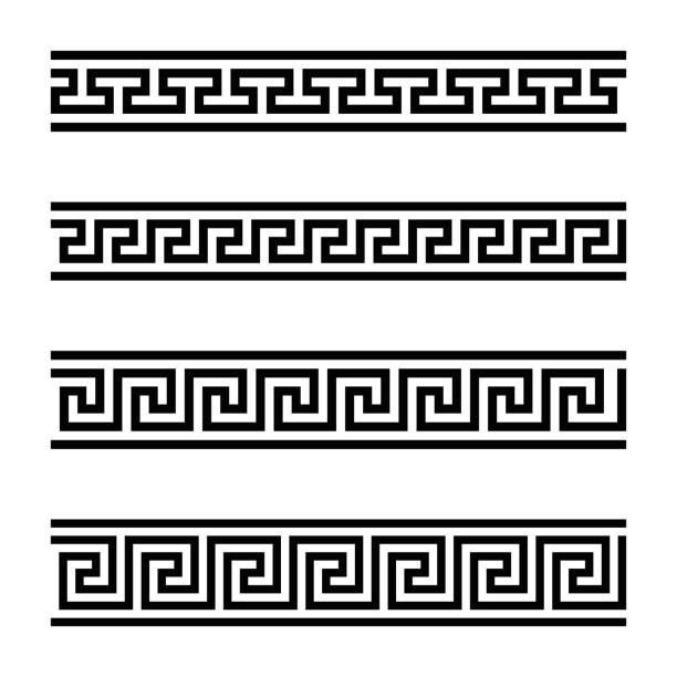 Four seamless meander designs Four seamless meander designs. Meandros, a decorative border, constructed from continuous lines, shaped into a repeated motif. Greek fret or Greek key. Black and white illustration over white. Vector. maze borders stock illustrations