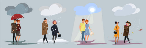 stockillustraties, clipart, cartoons en iconen met vier seizoenen weer plat vector illustraties instellen - rain woman sun