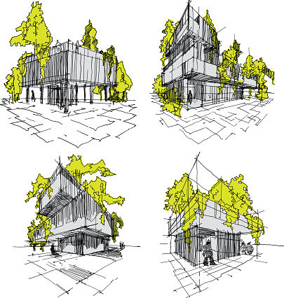four sketches of abstract modern architecture with green and trees