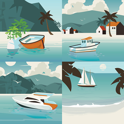 Four square nautical illustration. Sailing in the ocean. Wooden boat on the beach.