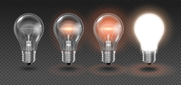 Four  transparent light bulbs, one of which is off, while the others are lit with different brightness on a light background. Highly realistic illustration. Four  transparent light bulbs, one of which is off, while the others are lit with different brightness on a light background light bulb filament stock illustrations