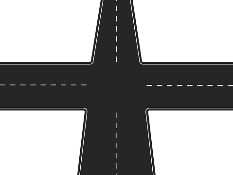 Four way road. Black highway with intersection and white markings traffic crossroads with finding right vector direction.