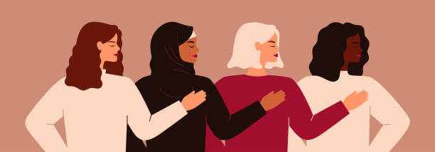 Four young strong women or girls standing together. Four young strong women or girls standing together. Group of friends or feminist activists support each other. Feminism concept, girl power poster, international women's day holiday card. Vector black superwoman stock illustrations