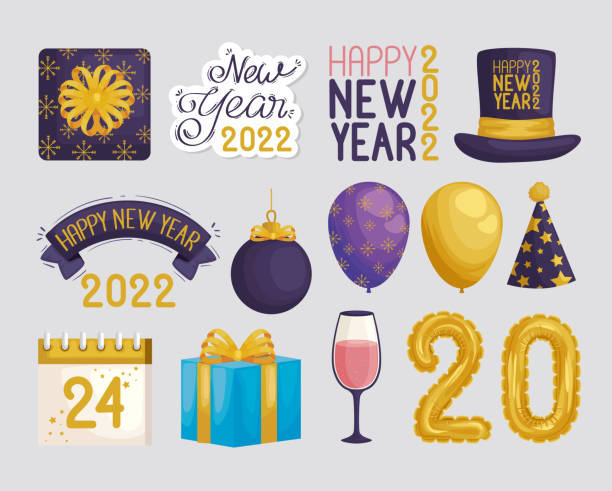 fourteen happy new year icons fourteen happy new year set icons happy new year golden balloons with champagne stock illustrations