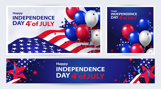 Fourth of July. 4th of July holiday banners, posters, cards or flyers Set. USA Independence Day design template for sale, discount, advertisement, social media, web. Place for your text.