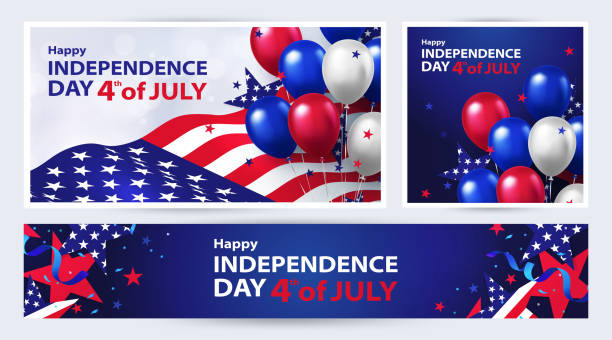 7월 4일. 7월 4일 휴일 배너, 포스터, 카드 또는 전단지 세트. 판매, 할인, 광고, 소셜 미디어, 웹을위한 미국 독립 기념일 디자인 템플릿. - independence day stock illustrations