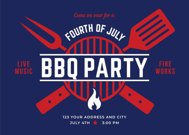 7 월 바베큐 파티 초대의 넷째. - barbecue stock illustrations