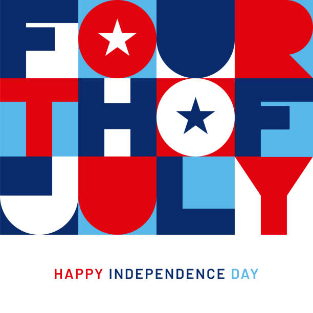 ilustraciones, imágenes clip art, dibujos animados e iconos de stock de tarjeta de felicitación del cuatro de julio con tipografía geométrica. - independence day