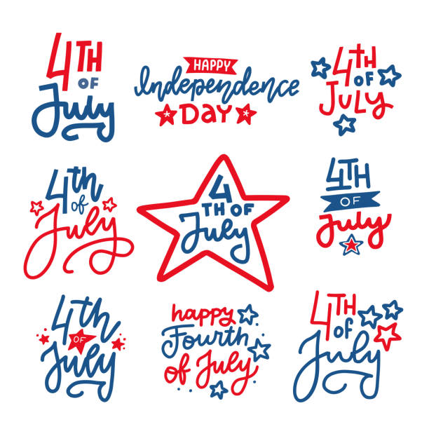 Fourth of July hand written trendy line lettering set. United States of America Independence day typographic design for poster, brochure, greeting card template. Vector flat hand drawn illustration Fourth of July hand written trendy line lettering set. United States of America Independence day typographic design for poster, brochure, greeting card template. Vector flat hand drawn illustration. july stock illustrations
