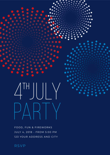 ilustraciones, imágenes clip art, dibujos animados e iconos de stock de invitación fiesta del cuatro de julio con fuegos artificiales - ilustración - july