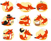 Cute Fox cartoon inaction set, with fox in nine different situations like: posing, running, sleeping, detective fox, looking backwards, with chicken, in trouble with a rat trap, with a blackbird and, also, an annoyed fox vector illustration. 