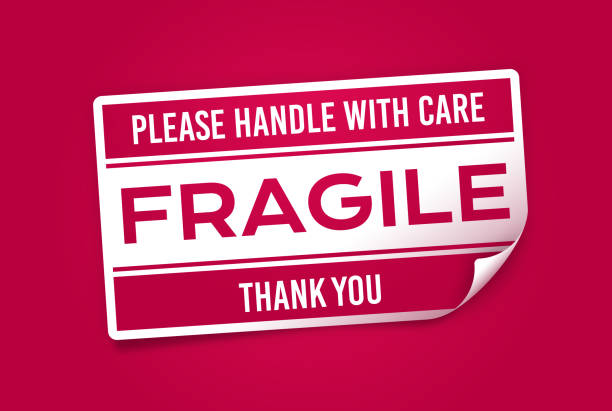 Fragile Sticker Fragile Please Handle with Care sticker with folded fold corner edge. fragility stock illustrations