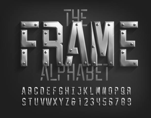 Frame alphabet font. Beveled metal letters and numbers with screws. vector art illustration