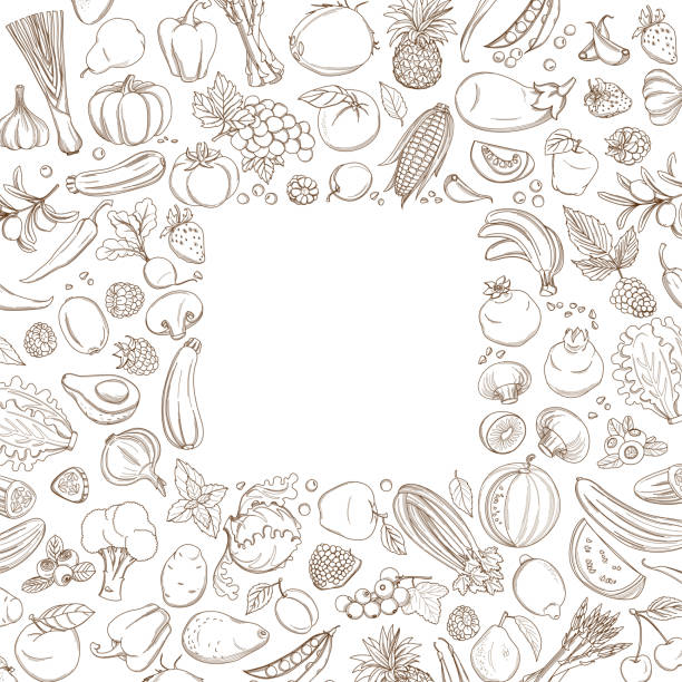 Frame border background pattern green fresh tropical fruits and vegetables Frame border background pattern of green organic farm fresh tropical fruits and vegetables. Vector illustration. Sketch doodle outline line flat style design. White backdrop top view grocery products supermarket patterns stock illustrations