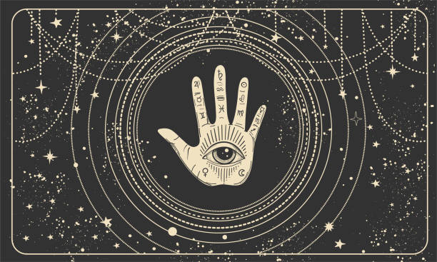 Frame for astrology, tarot, palmistry, fortune telling. Palm and all-seeing eye on a black mystical background of the universe with stars. Vector wallpaper, hand drawing. Frame for astrology, tarot, palmistry, fortune telling. Palm and all-seeing eye on a black mystical background of the universe with stars. Vector wallpaper, hand drawing ouija board stock illustrations