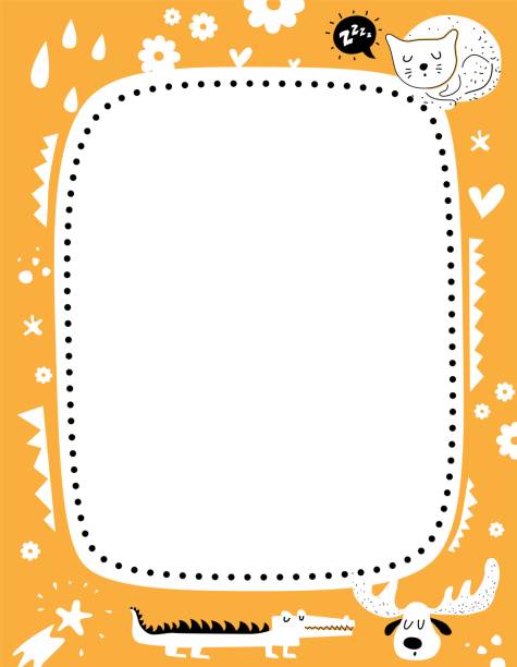 Frame for baby's photo album, invitation, note book or postcard with cute animals and elements in cartoon style Frame for baby's photo album, invitation, note book or postcard with cute animals and elements in cartoon style. Crocodile, moose, sleeping cat on the background of flowers, stars, hearts child borders stock illustrations