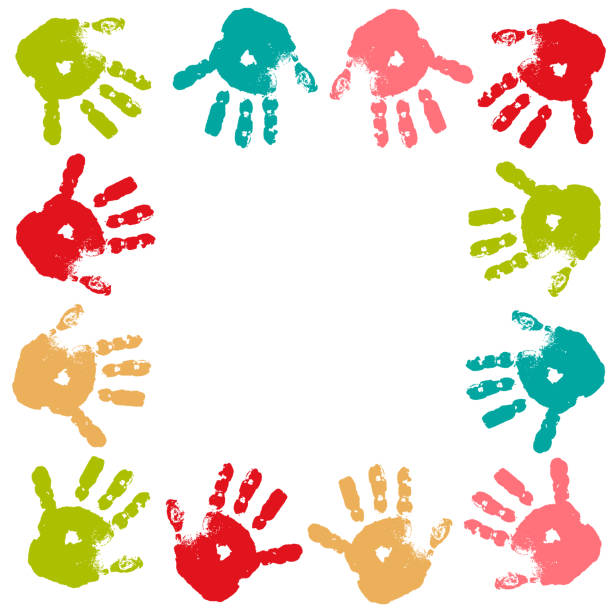 Frame from imprint of multi-colored paint of children's palms. Template for poster, postcard, banner, social networks. Frame from imprint of multi-colored paint of children's palms. Template for poster, postcard, banner, social networks. Stock vector illustration. Isolated objects on a white background. Childhood, joy handprint stock illustrations