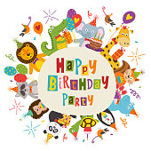 frame Happy Birthday with funny animals - vector illustration, eps