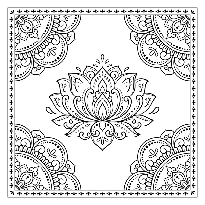 Frame in eastern tradition. Stylized with henna tattoos decorative pattern for decorating covers for book, notebook, casket, magazine, postcard and folder. Lotus slower and mandala in mehndi style.