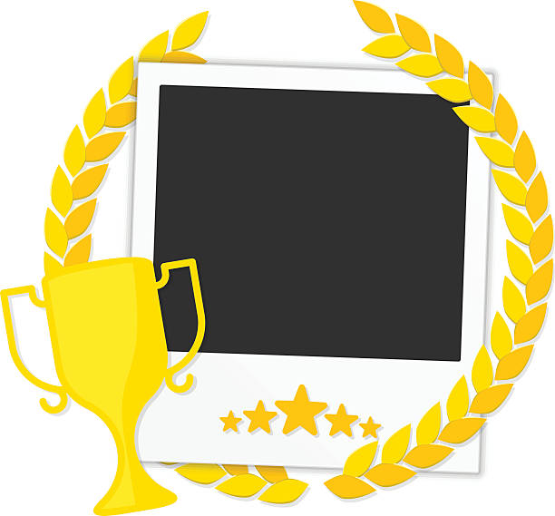 Frame winner photos Template frame for a photo with a laurel wreath and a gold cup winner. photo Frame winner. Stock Photo Frame winner , competition. Concept design album . Illustration in a flat style. success photos stock illustrations