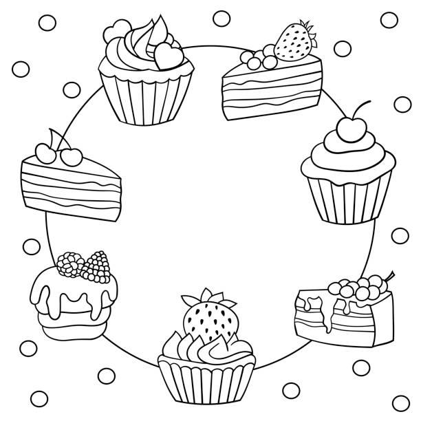 Frame with a set of sweet cakes, coloring page Vector frame with a set of sweet cakes with berries, coloring page for children and adults cupcakes coloring pages stock illustrations