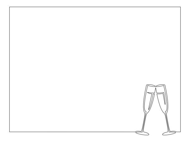Frame with two glasses of champagne, continuous line. Vector illustration, isolated on white background. champagne borders stock illustrations