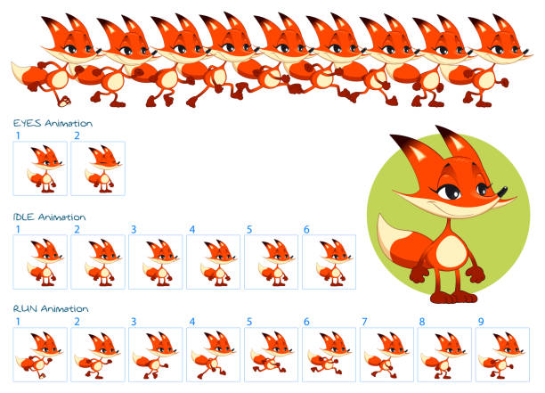 Frames of running, idle and blinking eyes animations of funny cartoon fox Frames of running, idle and blinking eyes animations of funny cartoon fox. Vector cartoon isolated elements. running borders stock illustrations