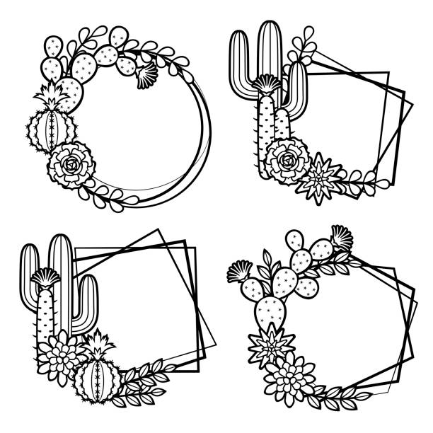 frames with cacti Collection of frames with cacti. Black and white cactus borders stock illustrations
