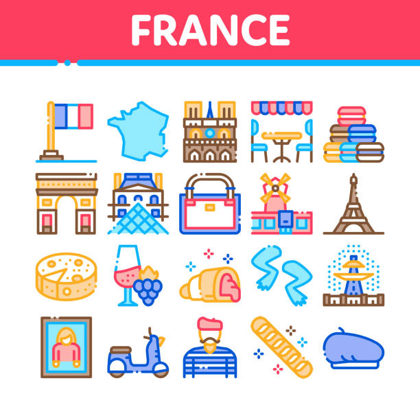 stockillustraties, clipart, cartoons en iconen met frankrijk country travel collection iconen set vector - kikkerbillen