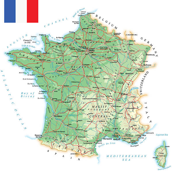 illustrazioni stock, clip art, cartoni animati e icone di tendenza di francia-dettagliata-illustrazione con mappa topografica - cannes