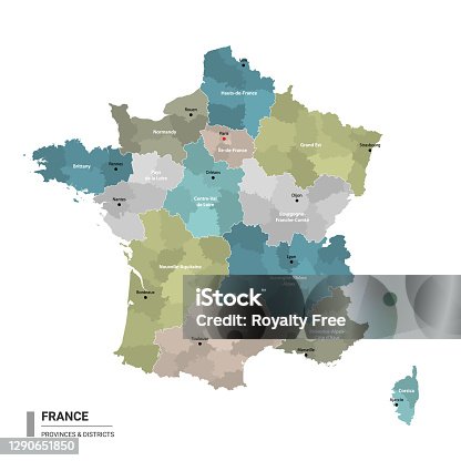 istock France higt detailed map with subdivisions. Administrative map of France with districts and cities name, colored by states and administrative districts. Vector illustration. 1290651850
