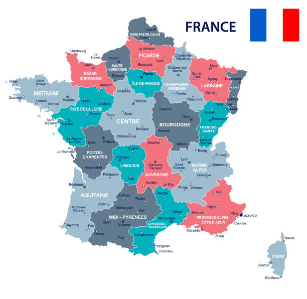 illustrazioni stock, clip art, cartoni animati e icone di tendenza di francia - illustrazione di mappe e bandiere - cannes