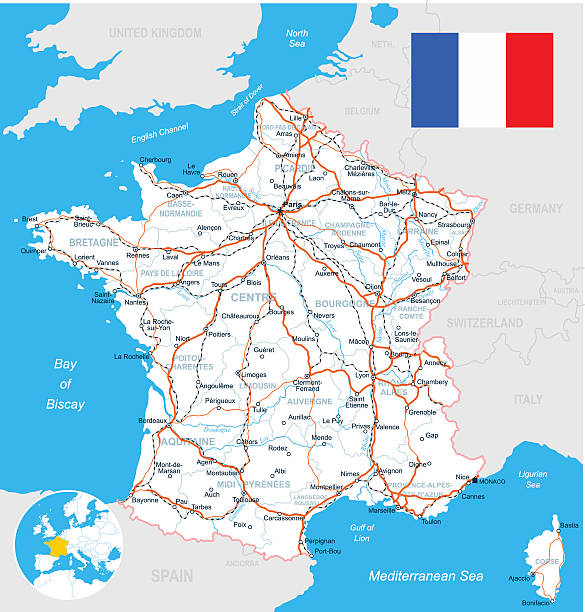 france map, flag, roads - illustration - cannes stock illustrations
