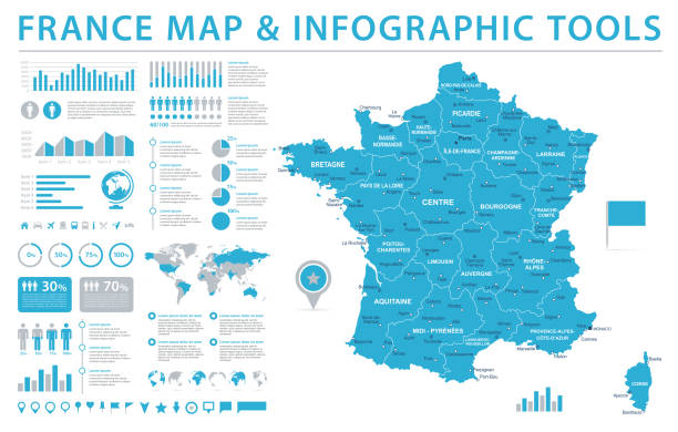 illustrazioni stock, clip art, cartoni animati e icone di tendenza di mappa francia - info graphic vector illustration - cannes