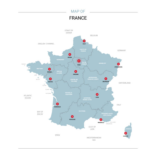 France map vector with red pin. France vector map. Editable template with regions, cities, red pins and blue surface on white background. territorial animal stock illustrations