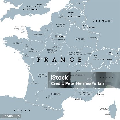 istock France, metropolitan regions, gray political map 1355083035