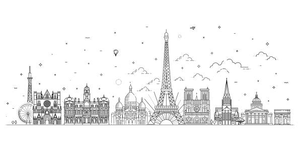 흰색 배경에 파노라마와 프랑스 스카이 라인 - lyon stock illustrations