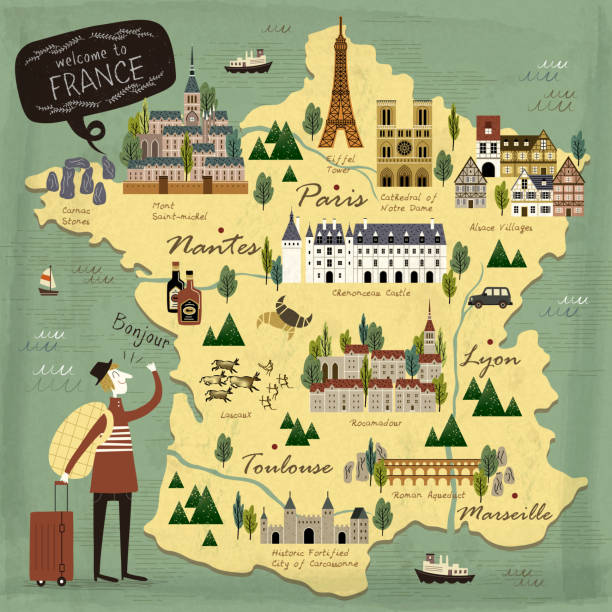 France travel concept map France travel concept illustration map with attractions manche stock illustrations