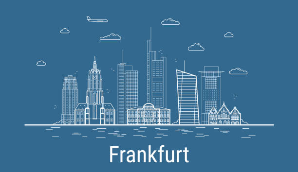 frankfurt şehir, tüm ünlü binaları ile line art vector illüstrasyon. showplace ile lineer banner. modern şehir manzarası kompozisyonu. frankfurt binaları kuruldu. - frankfurt stock illustrations